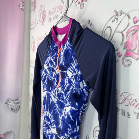 art class body suit long sleeves tie dye blue white Navy and Pink Kids shirt - Picture 4 of 11